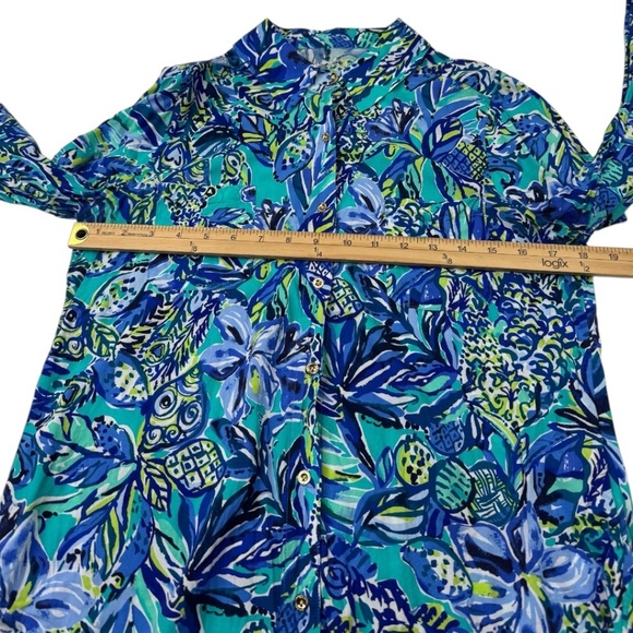Vibrant Lilly Pulitzer Blue & Green Notched Collar Button-Down Shirt - Picture 13 of 13